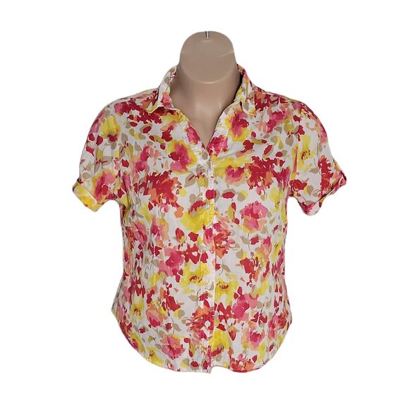 Lemon Grass Button Up Collared Shirt ~ Sz PXL ~ Pink & Yellow ~ Short Sleeve - Picture 1 of 5